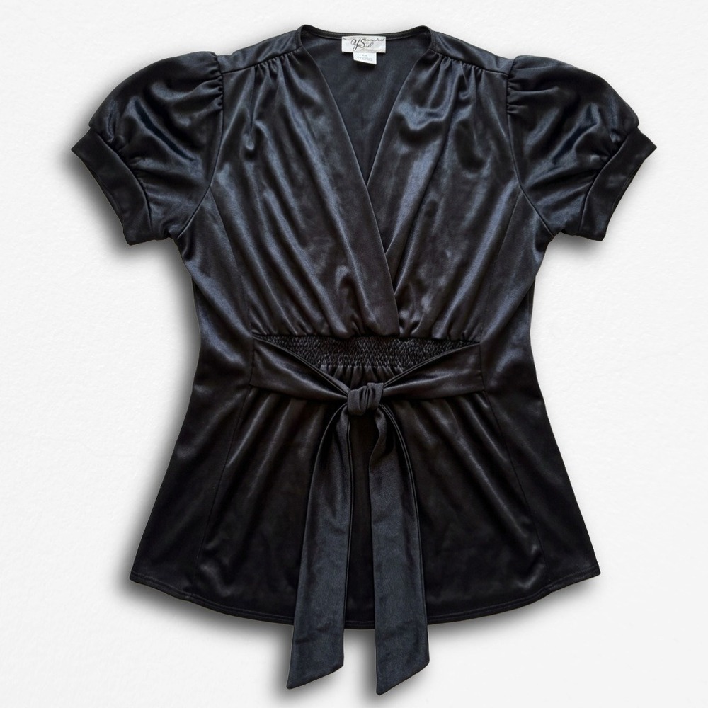 YS USA Black Satin V-Neck Puff Sleeve Tie Waist Blouse Top Y2K Vintage Womens L